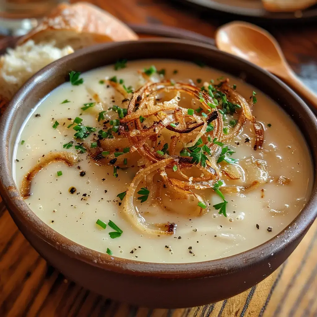 Une soupe crémeuse garnie d'oignons frits croustillants et de persil, accompagnée de pain.