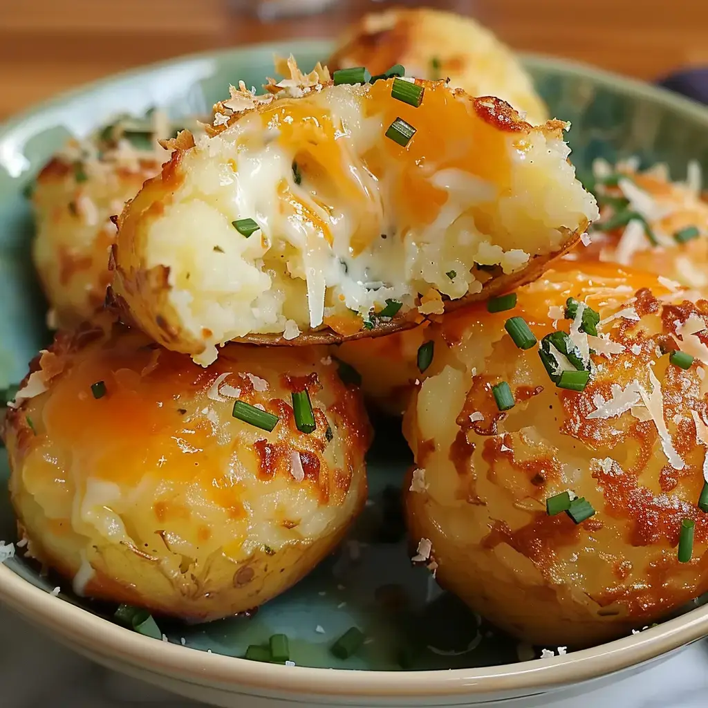 Des boules de pommes de terre dorées, garnies de fromage fondu et décorées de ciboulette, présentées dans une assiette.