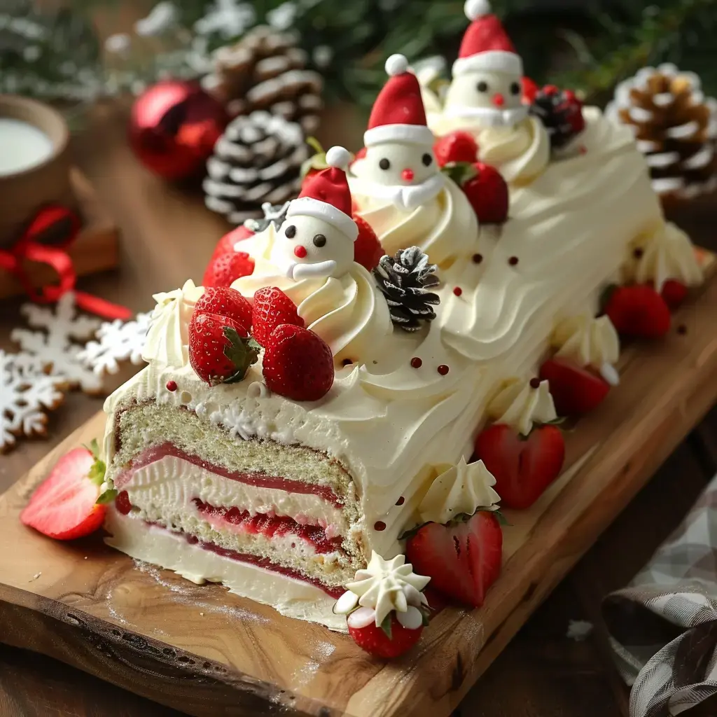 Une bûche de Noël décorée de neige, de petits bonhommes de neige en sucre, de fraises et de pommes de pin sur un plateau en bois.