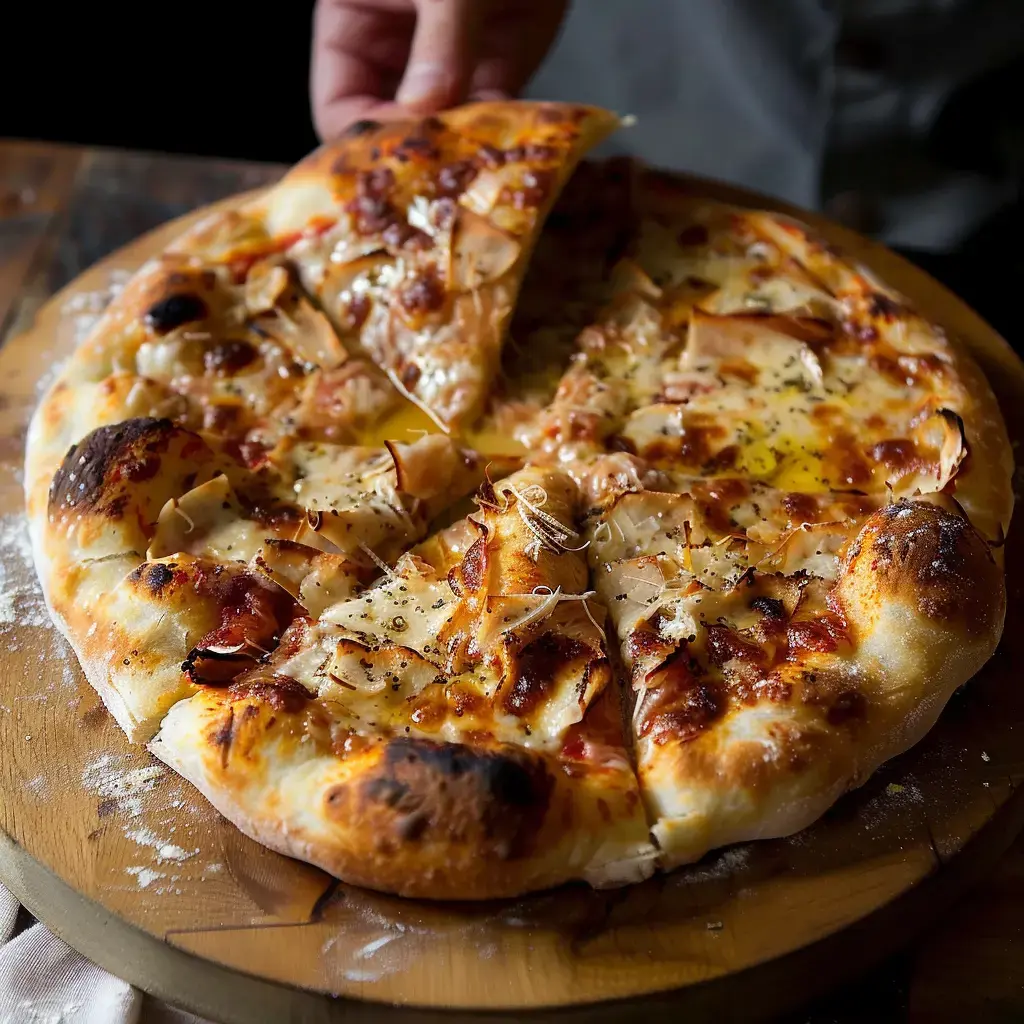 Une pizza garnie de fromage et de jambon, fraîchement sortie du four, est en train d'être coupée sur une planche en bois.