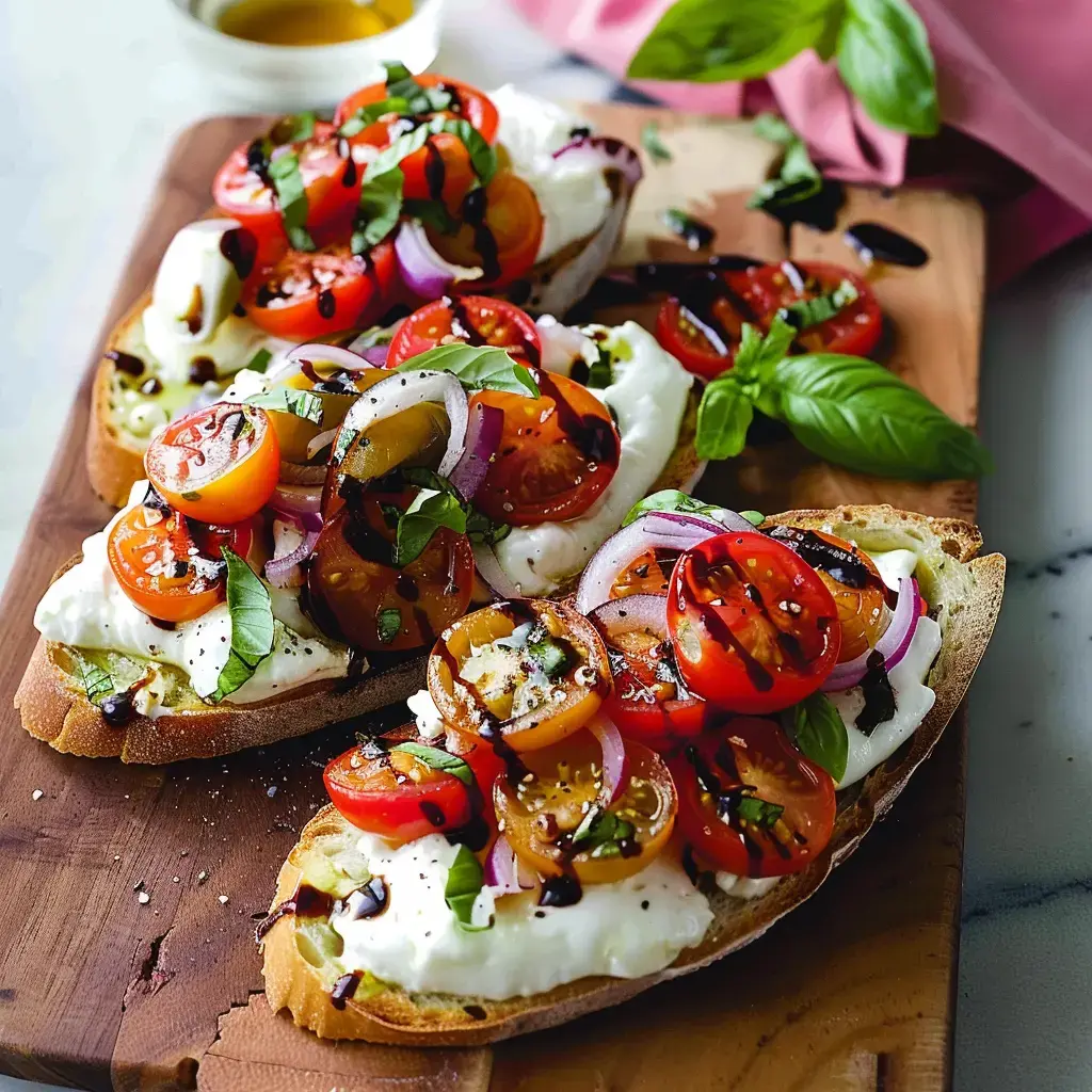 Des tartines garnies de mozzarella, de tomates cerises colorées, d'oignons rouges et de basilic, arrosées de balsamique, sur une planche en bois.