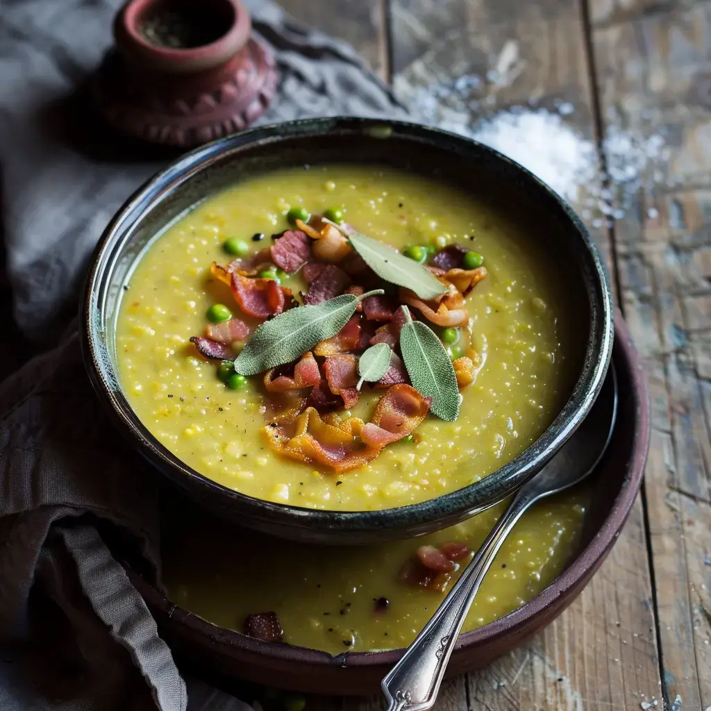 Un bol de soupe épaisse de couleur jaune, garni de morceaux de bacon croustillant, de petits pois et de feuilles de sauge, sur une table en bois.