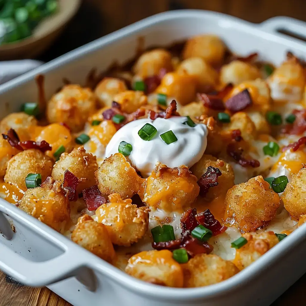 Un plat de pommes de terre rissolées garni de fromage cheddar, de bacon croustillant et de crème aigre, saupoudré d'oignons verts.