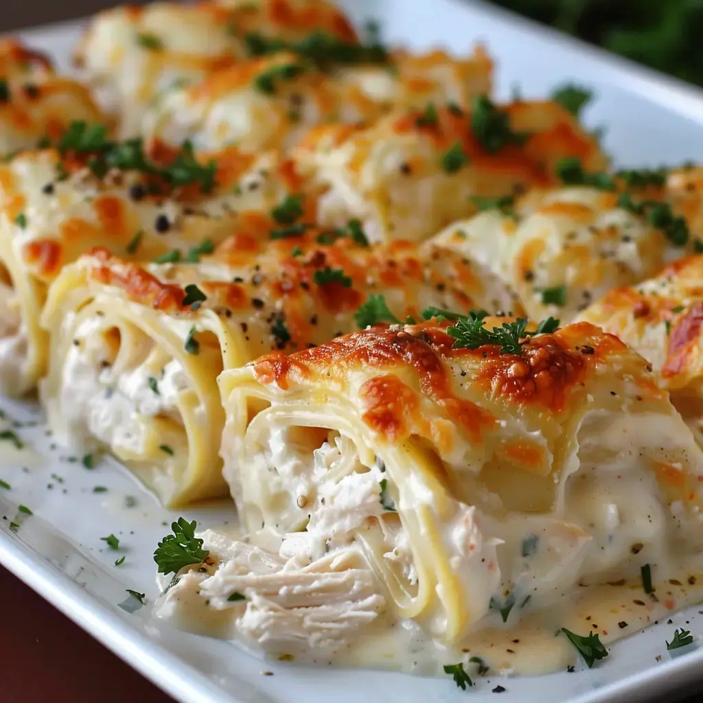 Des lasagnes roulées au poulet, garnies de sauce crémeuse et de fromage gratiné, présentées sur une assiette.