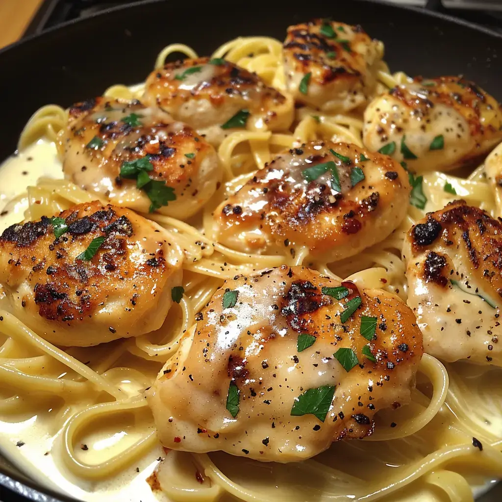 Des morceaux de poulet dorés sont servis sur des linguines crémeuses, garnis de persil frais et de poivre noir.