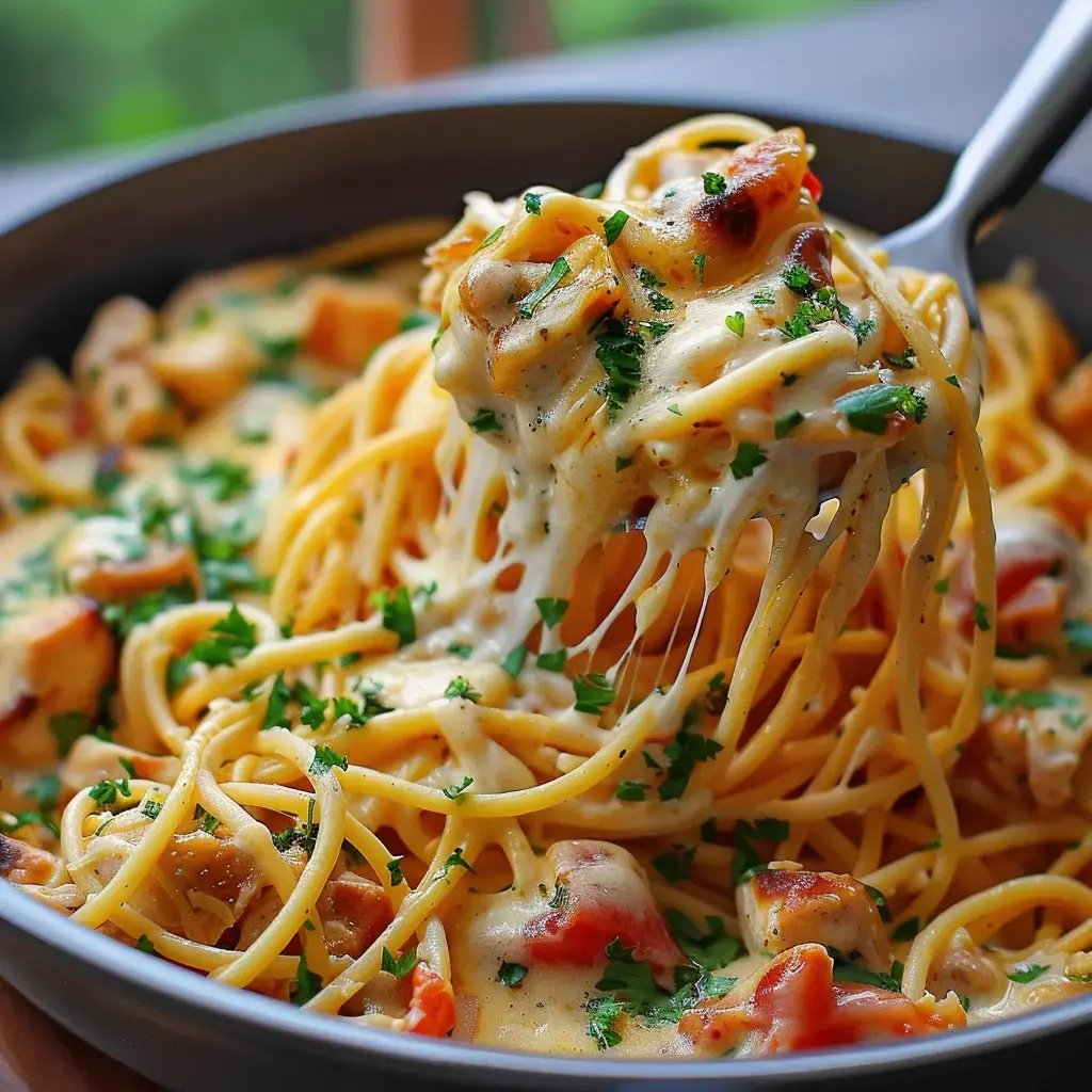 Un plat de spaghetti crémeux garni de morceaux de viande et de persil frais.