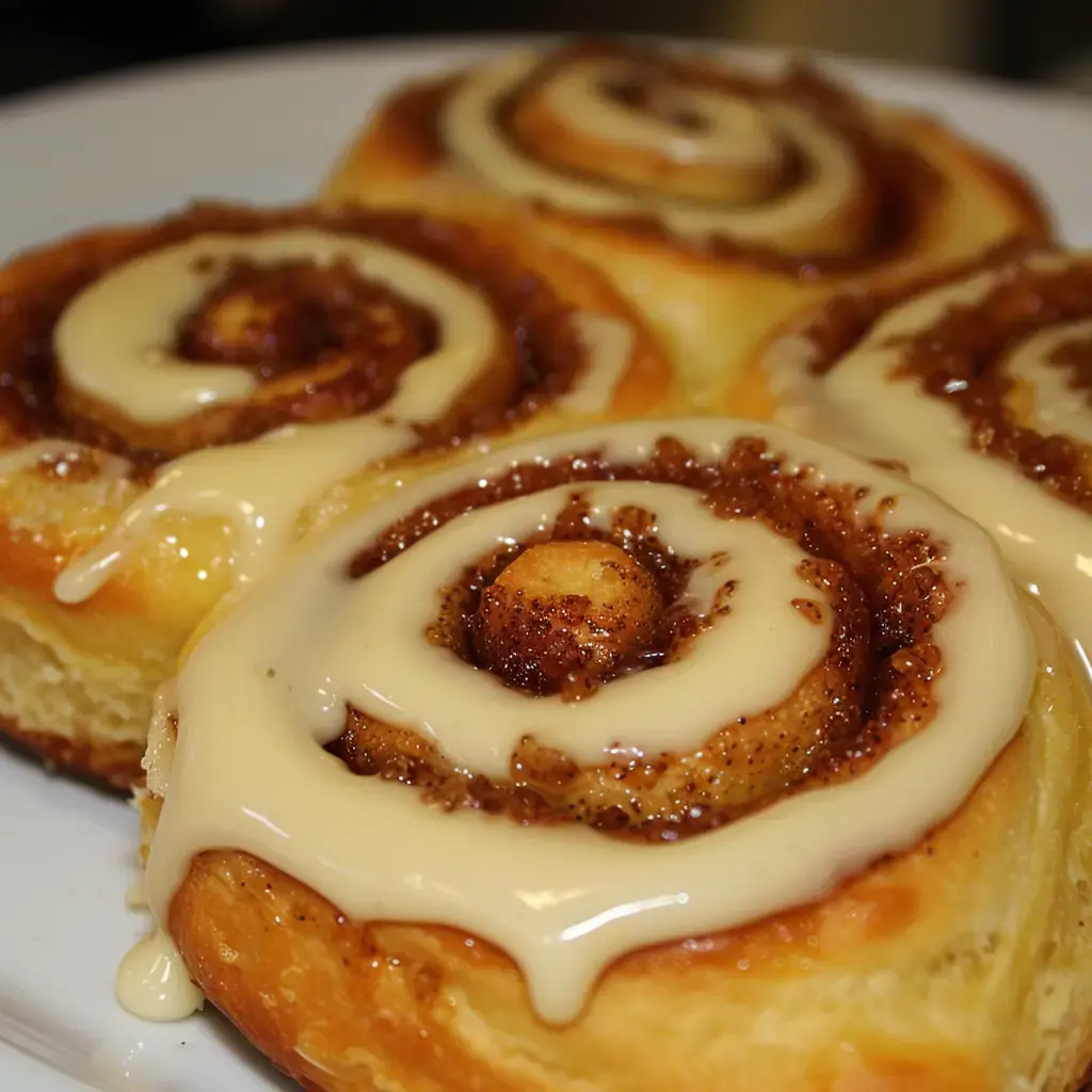 Des brioches à la cannelle recouvertes de glaçage crémeux sur une assiette.