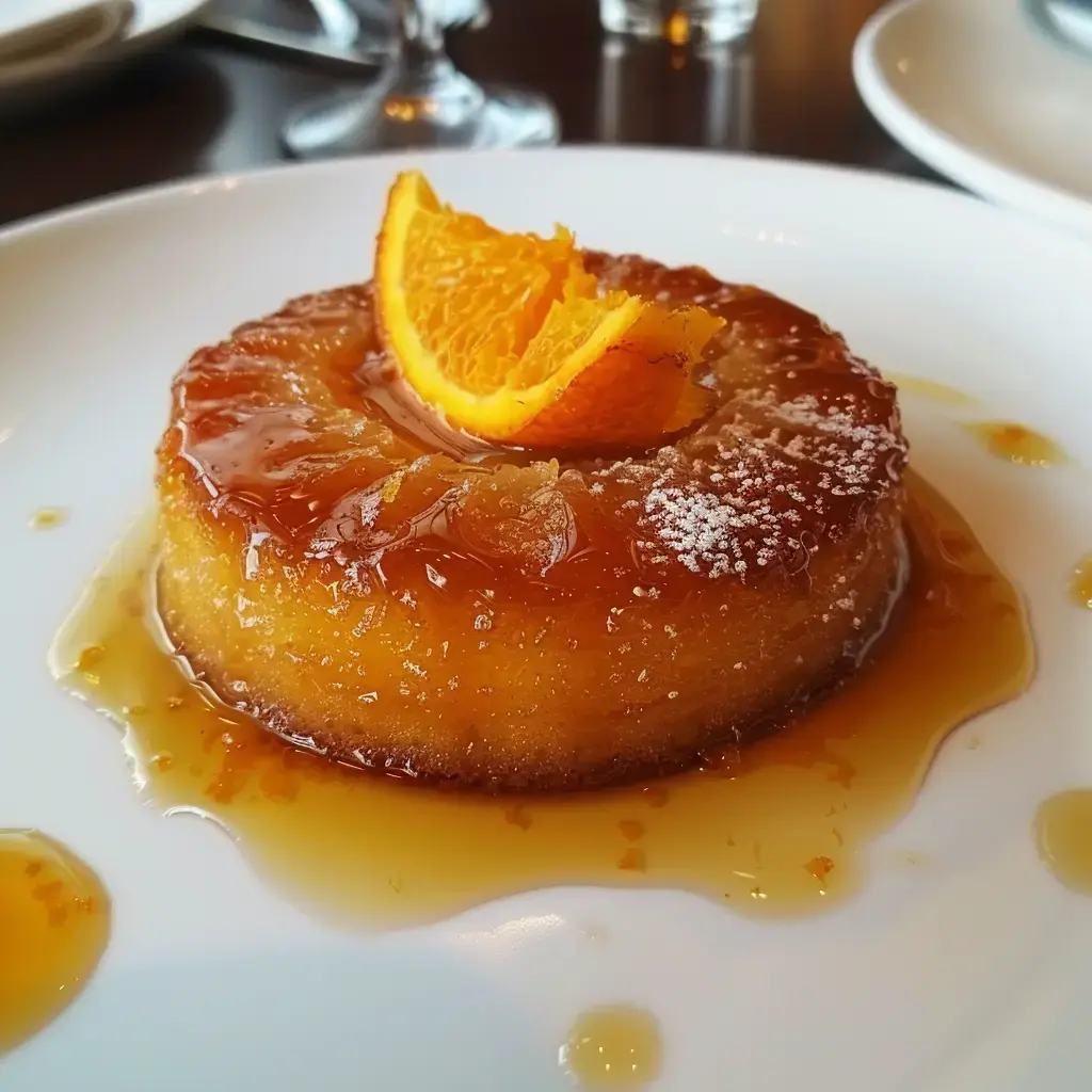 Un gâteau moelleux recouvert de caramel, décoré d'une tranche d'orange, servi sur une assiette blanche.