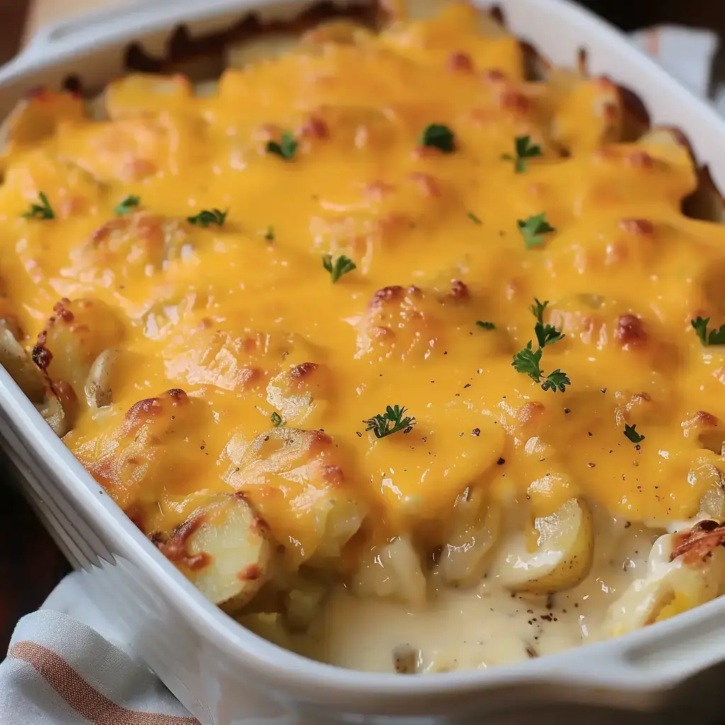 Gratin de pommes de terre au fromage cheddar avec une croûte dorée et parsemé de persil.