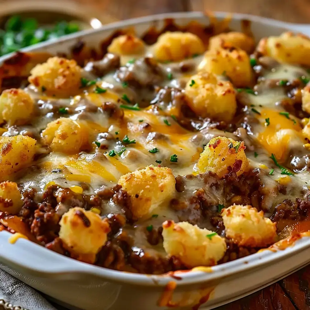 Un plat au four de viande hachée recouvert de pommes de terre et de fromage fondu, garnie de persil.