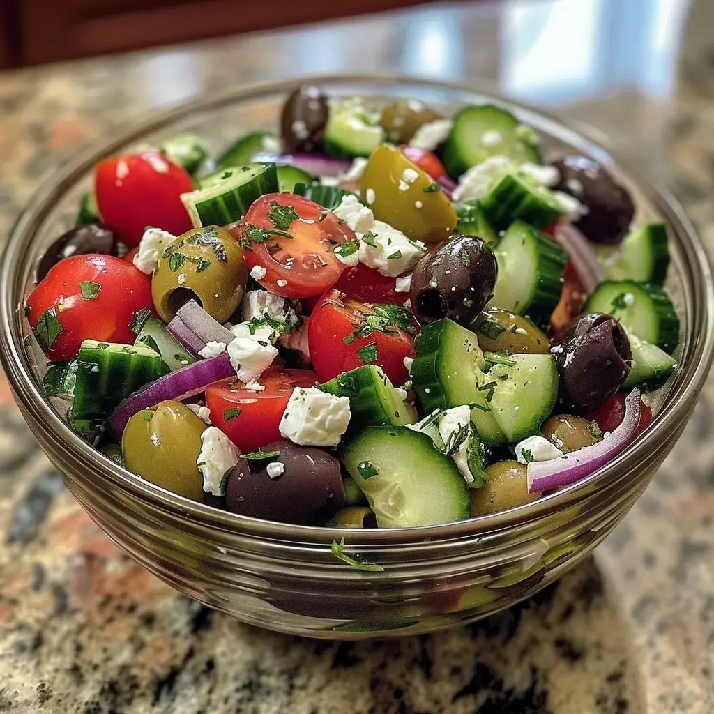 Une salade colorée composée de tomates cerises, concombre, olives, oignons rouges et feta, servie dans un bol en verre.