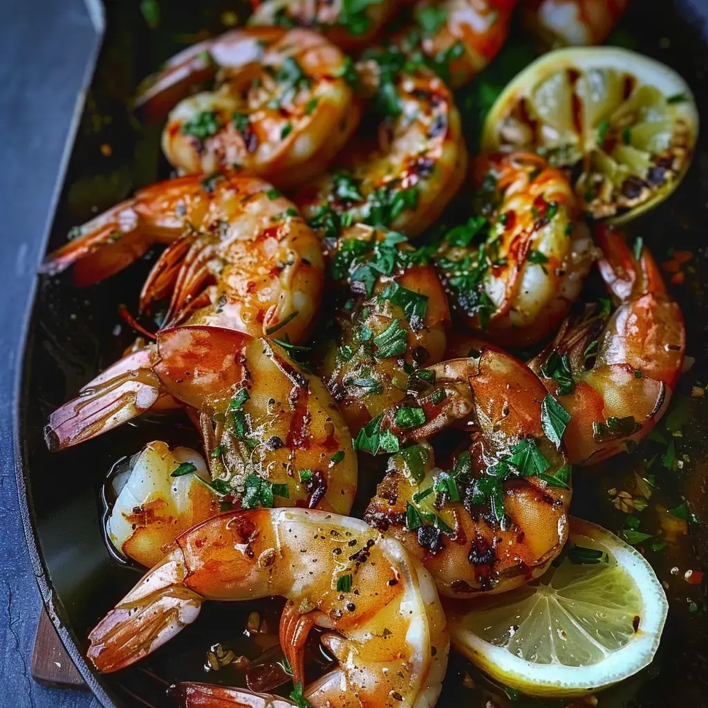 Des crevettes grillées garnies de persil et accompagnées de tranches de citron.