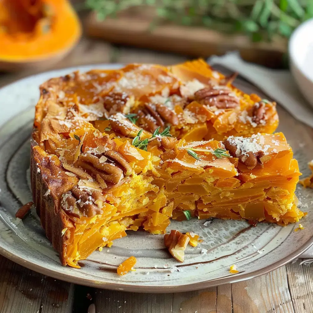 Un gâteau de courge avec des noix de pécan et une garniture de fromage sur une assiette.