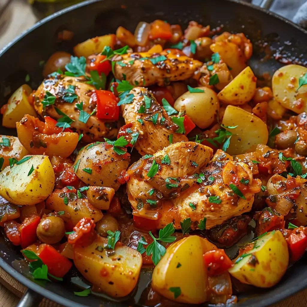 Plat de poulet sauté avec des pommes de terre, des poivrons et des herbes dans une poêle.