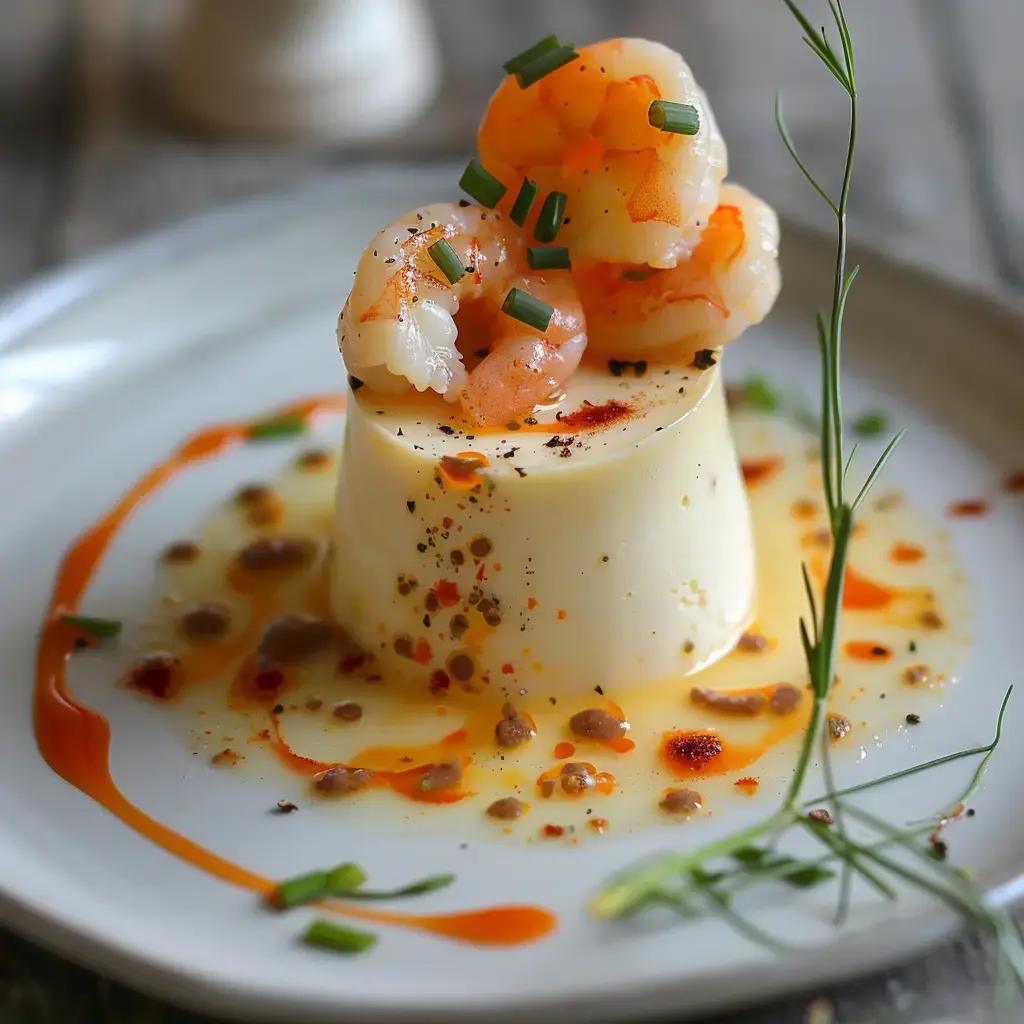 Un fromage blanc décoré de crevettes, assaisonné d'herbes et accompagné d'une sauce colorée sur une assiette blanche.