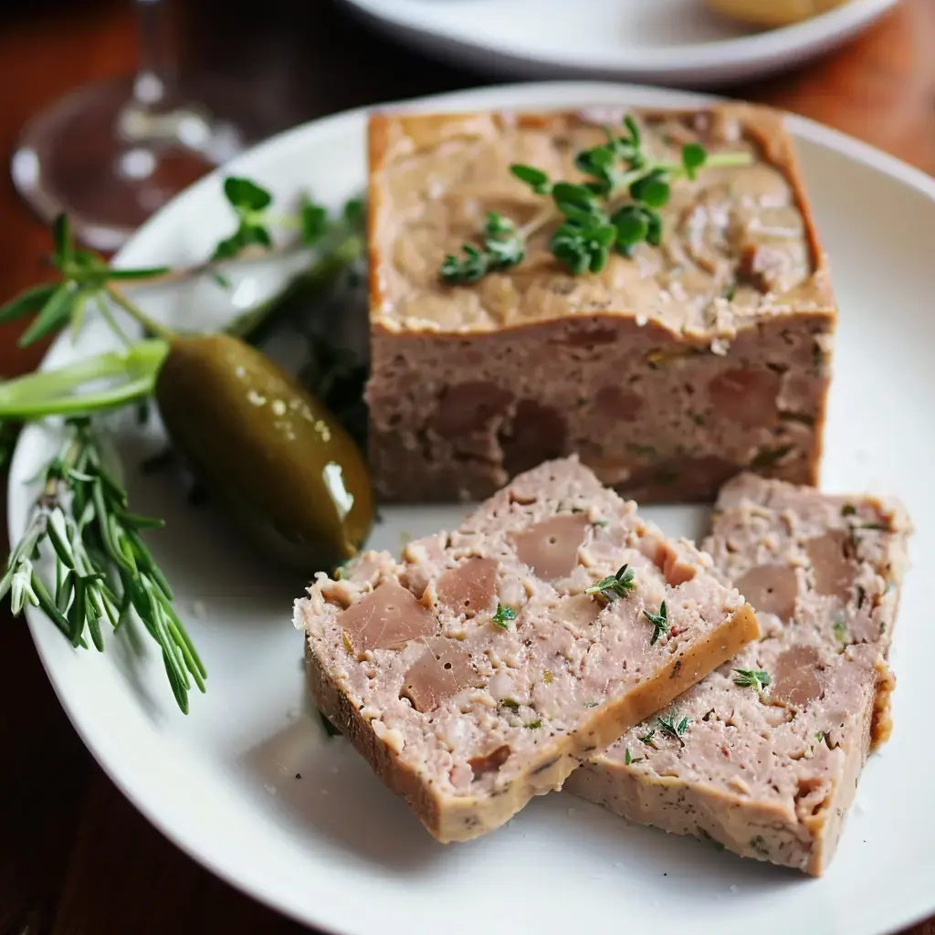 Un plat de pâté en croûte servi avec des herbes fraîches et un cornichon sur une assiette blanche.