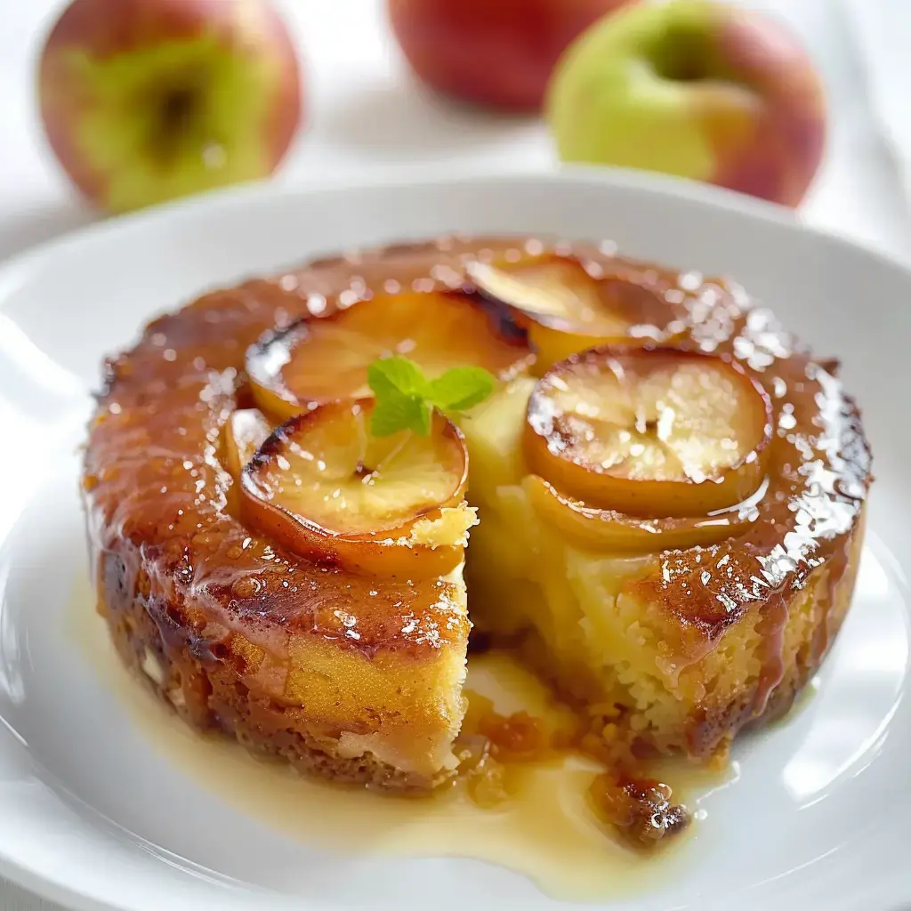 Un gâteau aux pommes caramélisé avec une garniture de tranches de pommes, servi sur une assiette blanche, accompagné de pommes fraîches en arrière-plan.