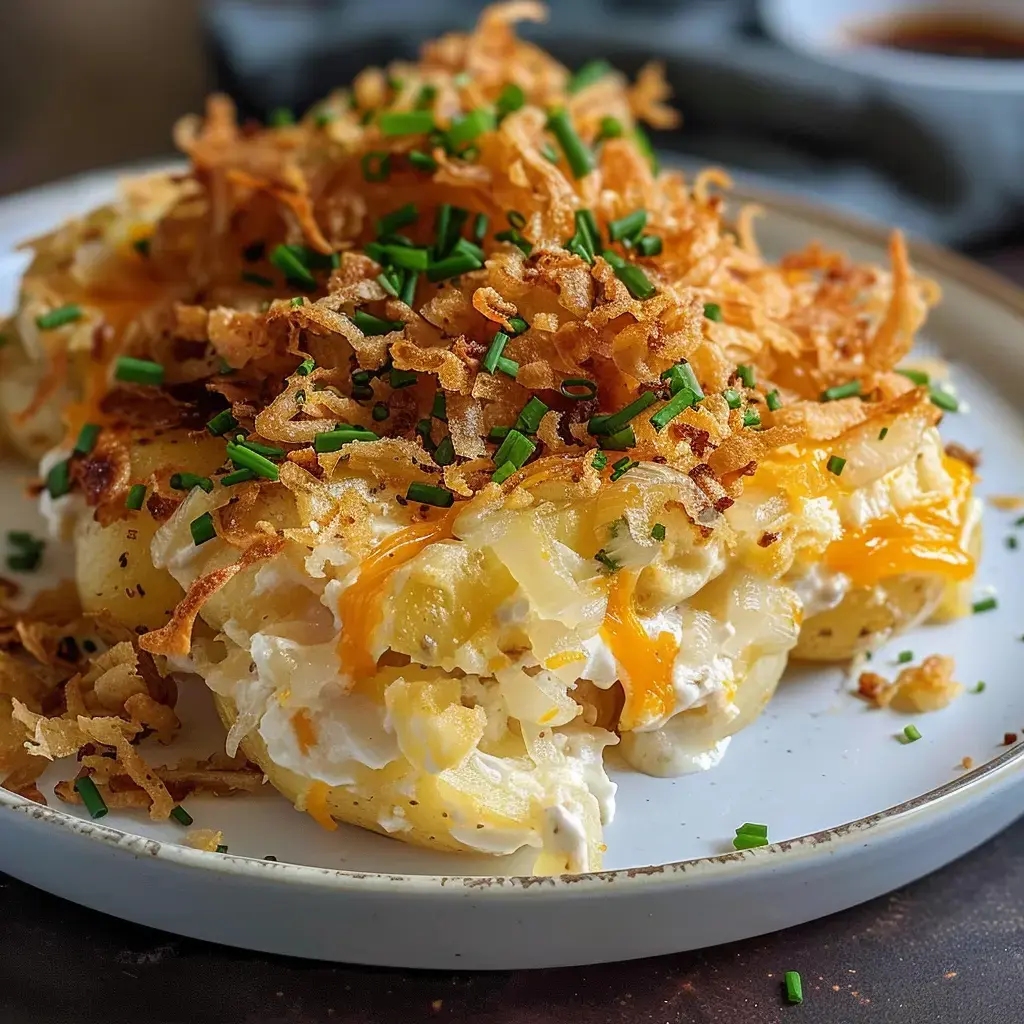 Une assiette de pommes de terre garnies de fromage, de crème aigre, et surmontées d'oignons frits croquants et de ciboulette.