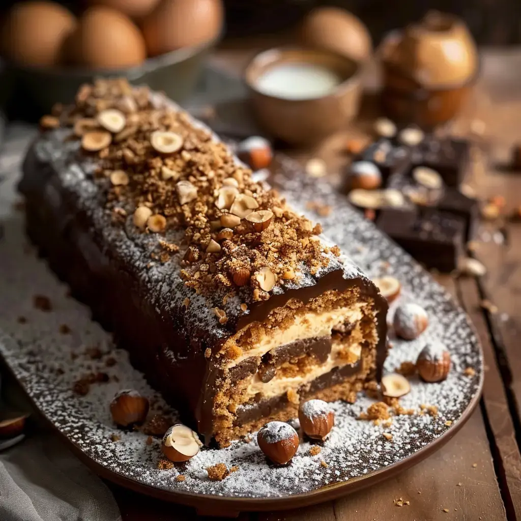 Un gâteau roulé au chocolat garni de crème et décoré de noisettes et de miettes croquantes.