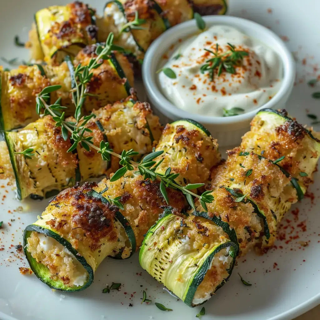 Des roulés de courgette dorés, garnis de fromage et d'herbes, accompagnés d'une sauce crémeuse.