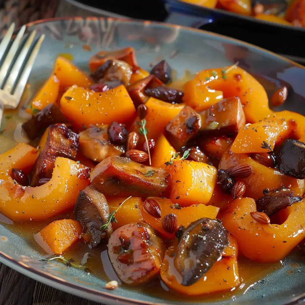 Une assiette de morceaux de courge rôtie avec des champignons, garnie d'herbes et d'amandes.