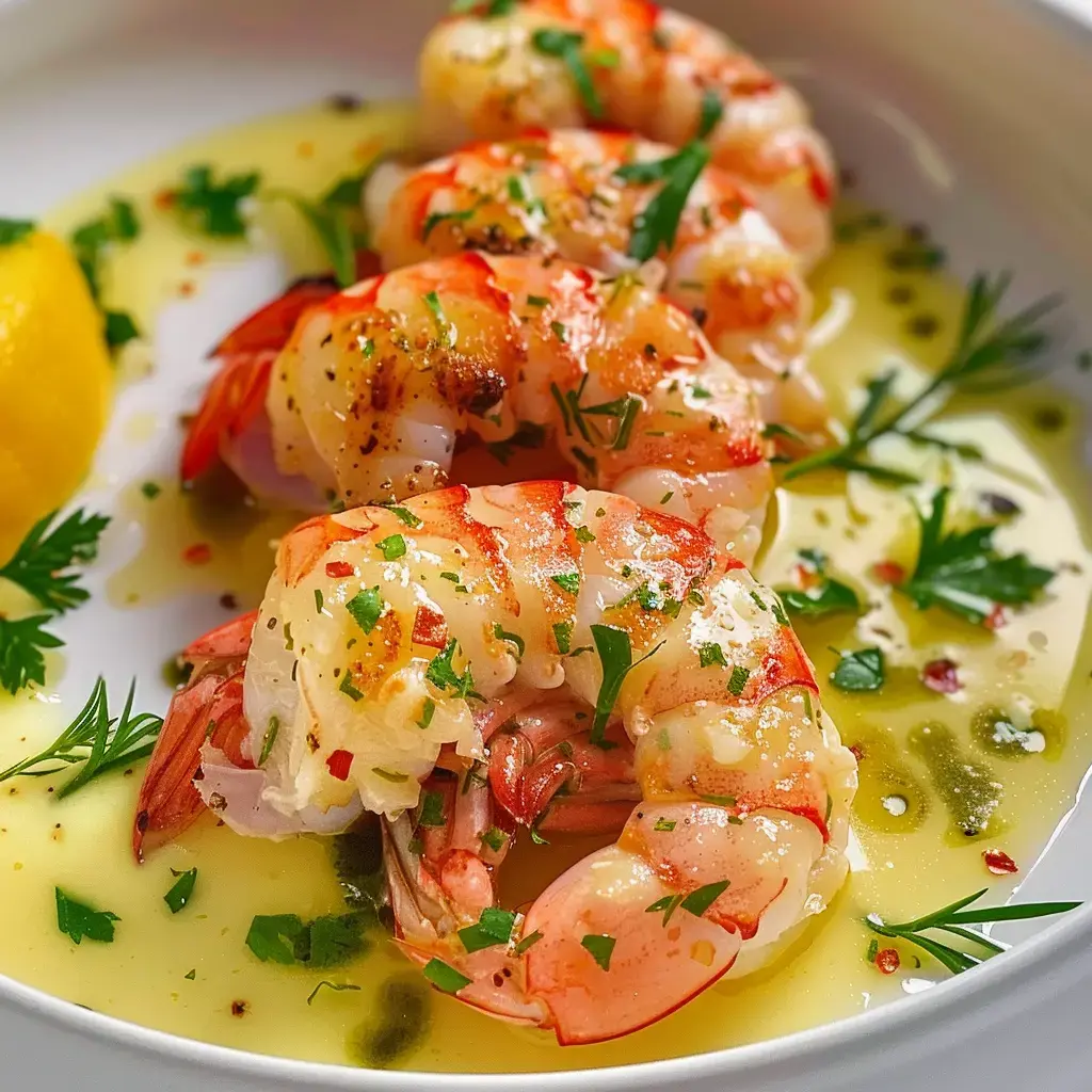 Gambas grillées garnies de persil et servies dans une sauce au citron, accompagnées d'un quartier de citron.