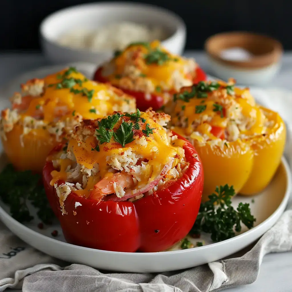 Des poivrons farcis au crabe et au fromage, garnis de chapelure, sont présentés sur une assiette avec des herbes fraîches.