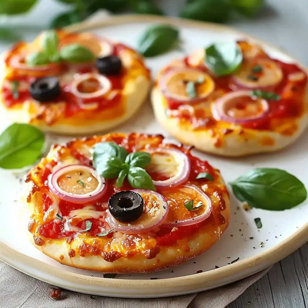 Trois mini-pizzas garnies de sauce tomate, fromage, olives noires, rondelles d'oignon rouge et feuilles de basilic sur une assiette.