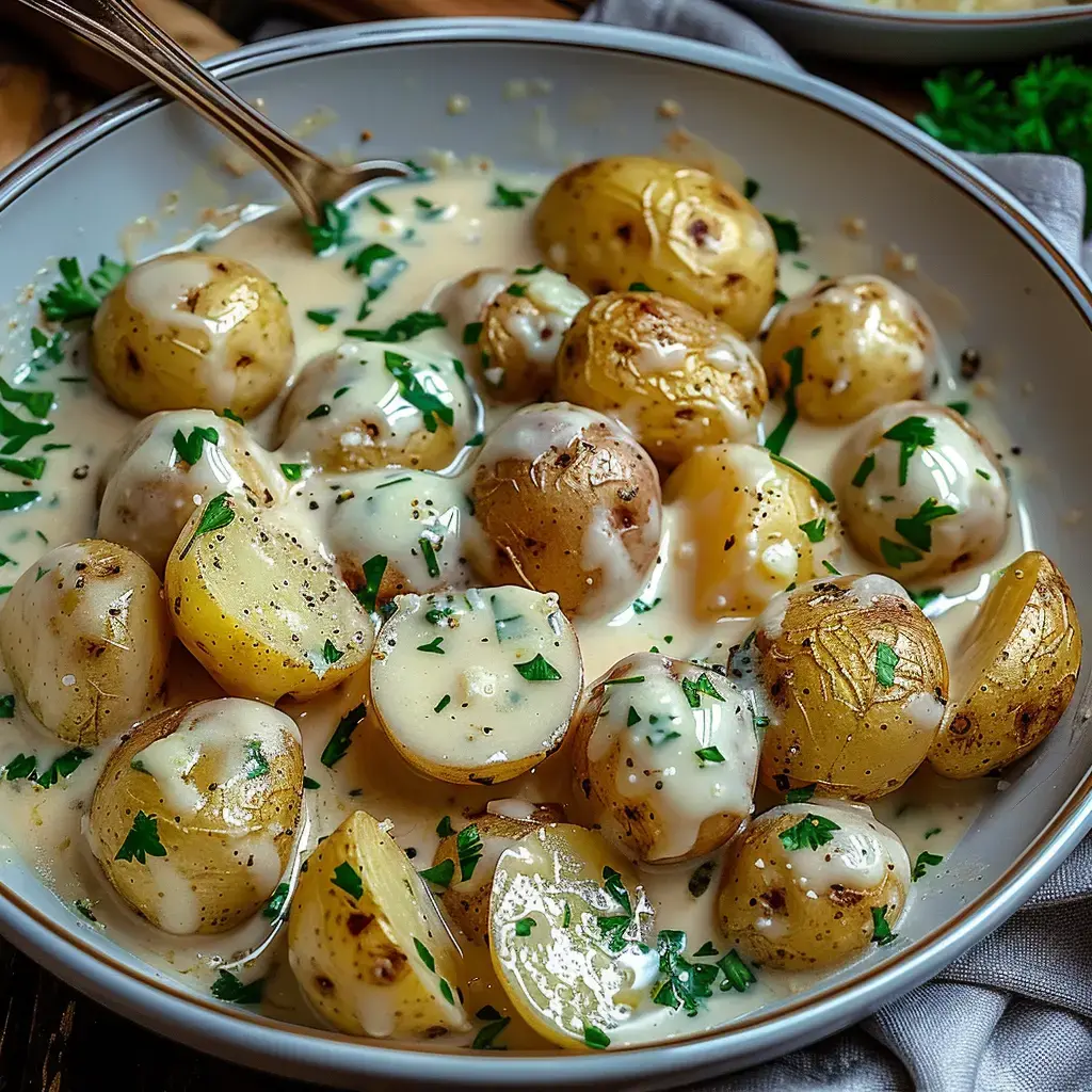 Pommes de terre cuites et coupées, servies dans une sauce crémeuse, garnies de persil frais.