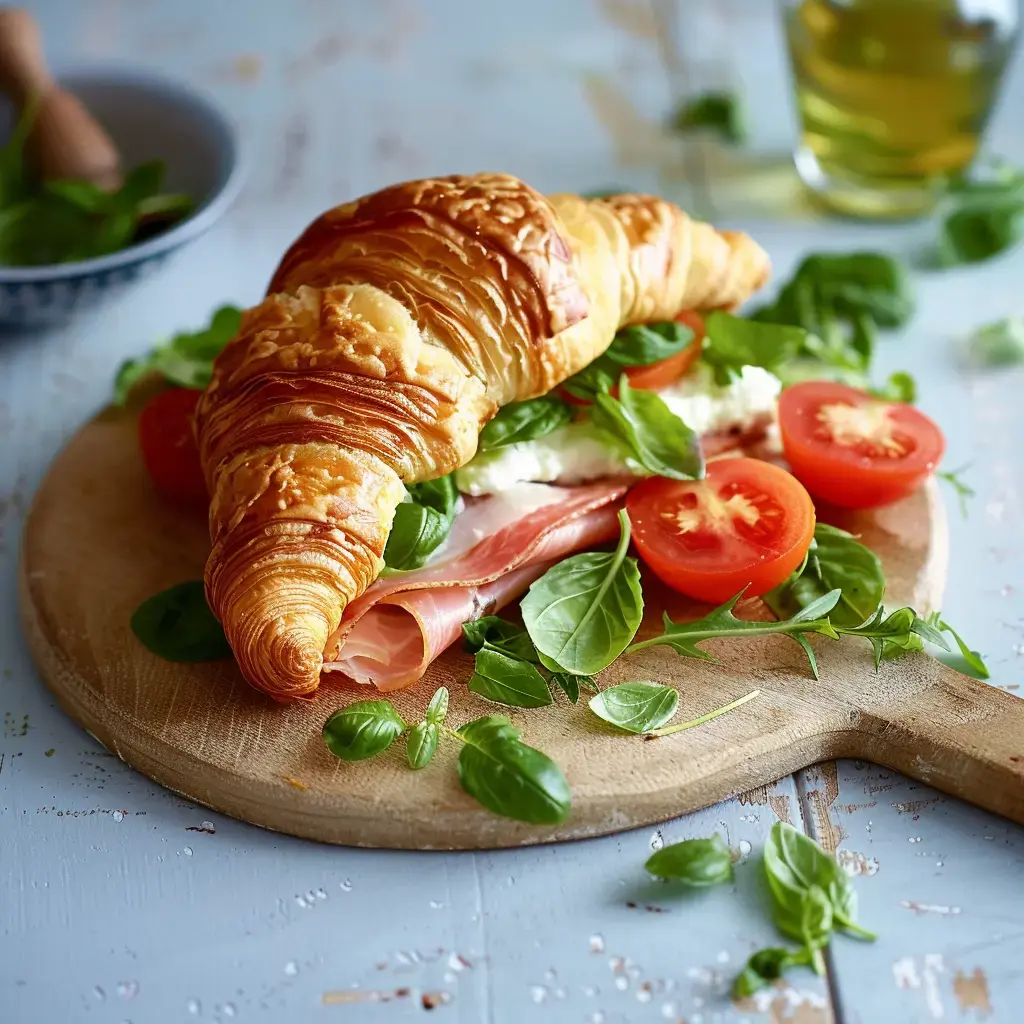 Un croissant croustillant garni de jambon, de fromage frais, de tomates cerises et de feuilles de basilic sur une planche en bois.