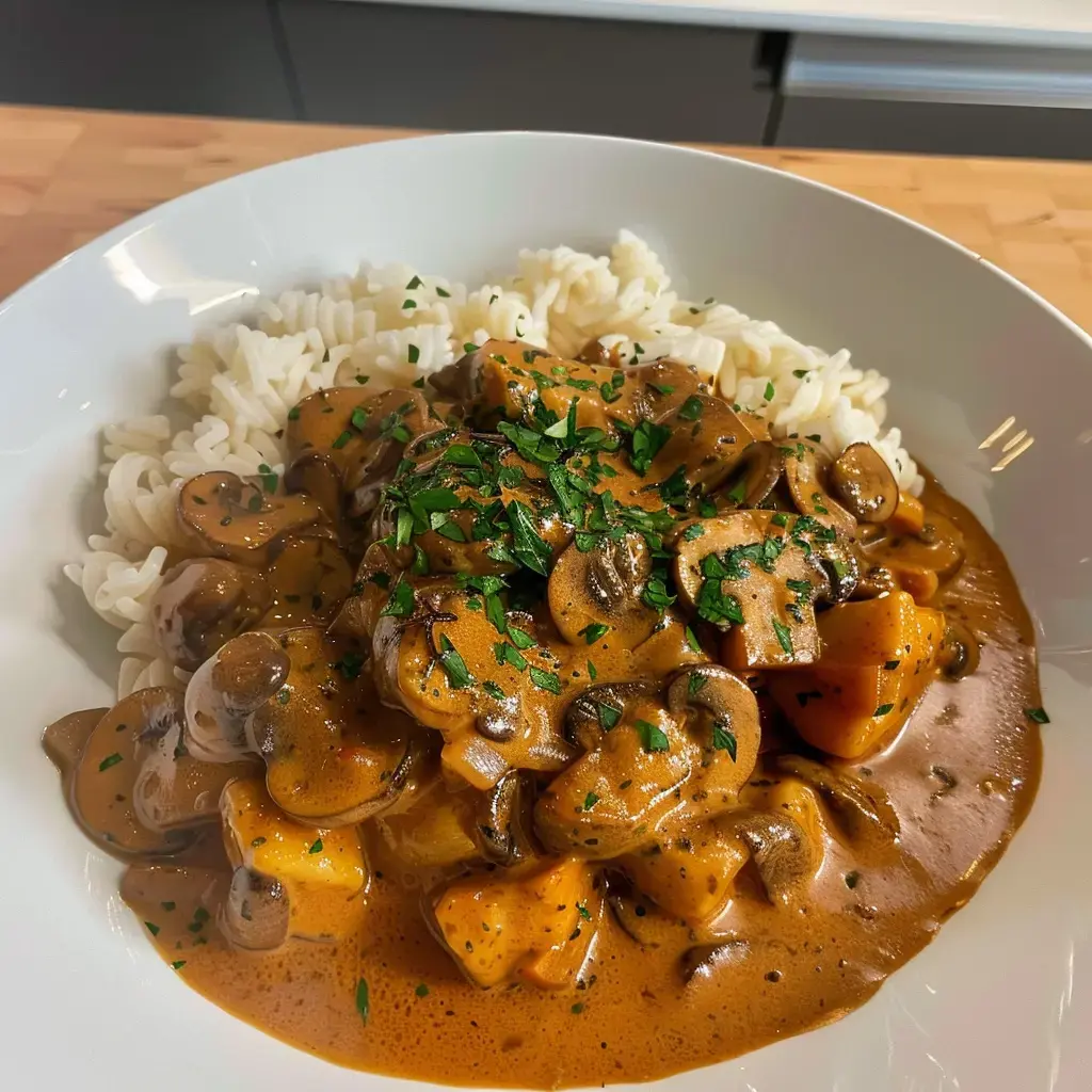 Un plat de pâtes garnies de sauce crémeuse aux champignons et morceaux de légumes, décoré de persil frais.