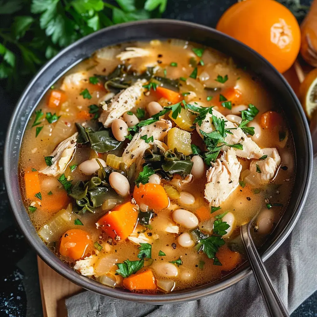 Une soupe savoureuse avec du poulet, des haricots blancs et des légumes colorés, garnie de persil frais.