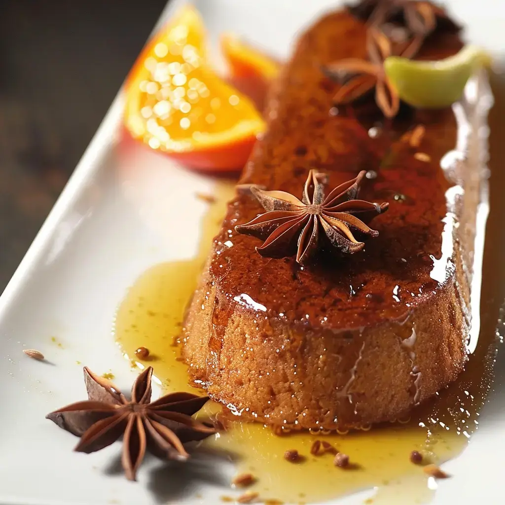 Un dessert en forme de pain, nappé de miel et décoré d'étoiles de badiane, accompagné de tranches d'orange et de citron vert.