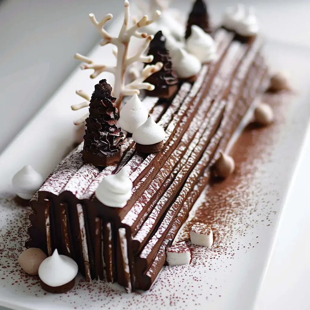 Un gâteau au chocolat décoré de petits sapins, de meringues et de sucre glace.