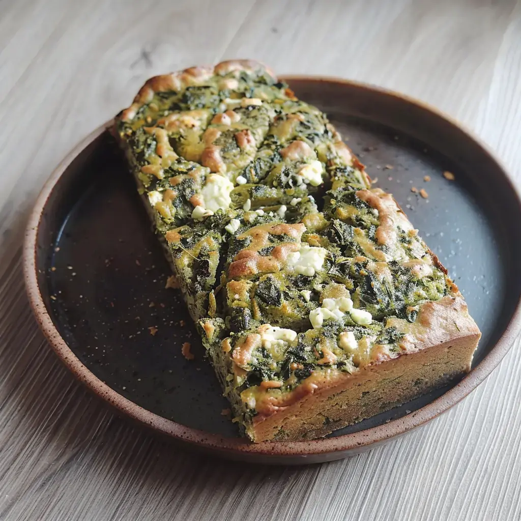 Un gâteau salé aux épinards et à la feta est présenté sur une assiette en terre cuite.