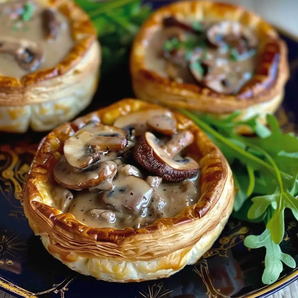 Des tartelettes feuilletées garnies de champignons dans une sauce crémeuse, accompagnées de feuilles de roquette.