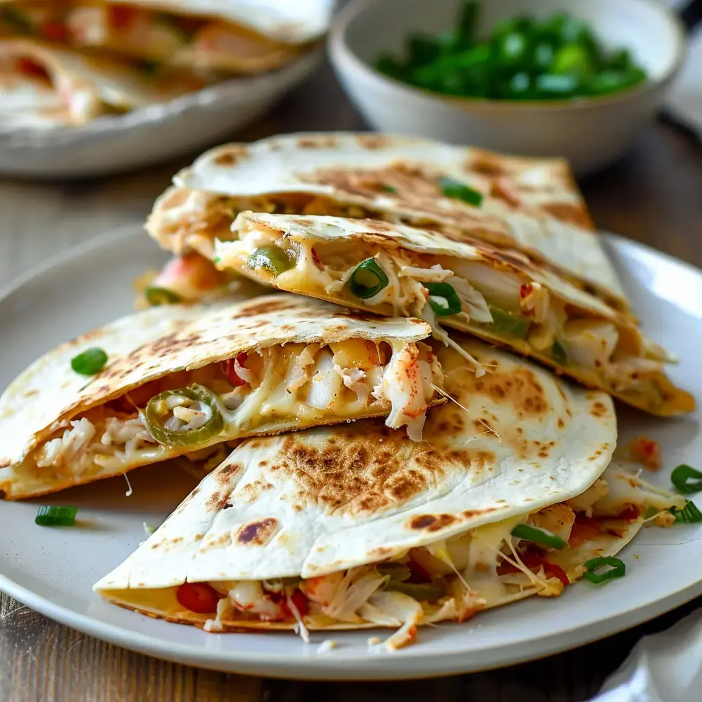 Une assiette de quesadillas dorées garnies de fruits de mer, de fromage et de légumes, avec un bol de ciboulette en arrière-plan.