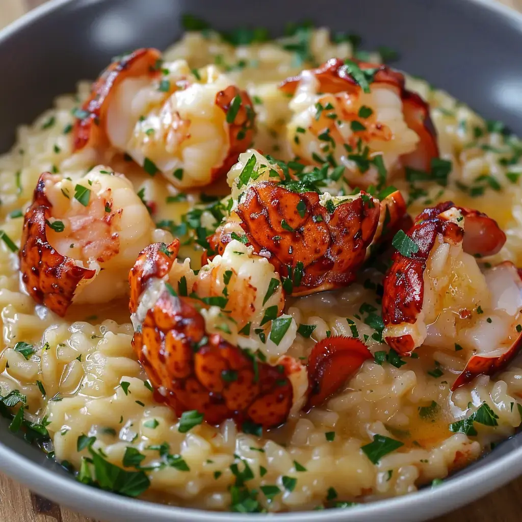 Un risotto crémeux garni de queue de homard et de persil haché.