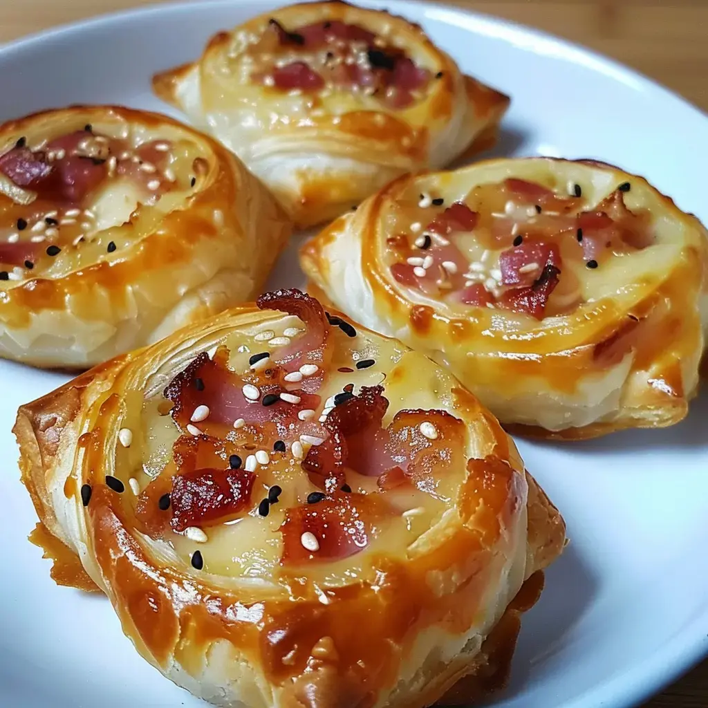 Quatre bouchées feuilletées garnies de fromage et de jambon, saupoudrées de graines de sésame, sur une assiette blanche.