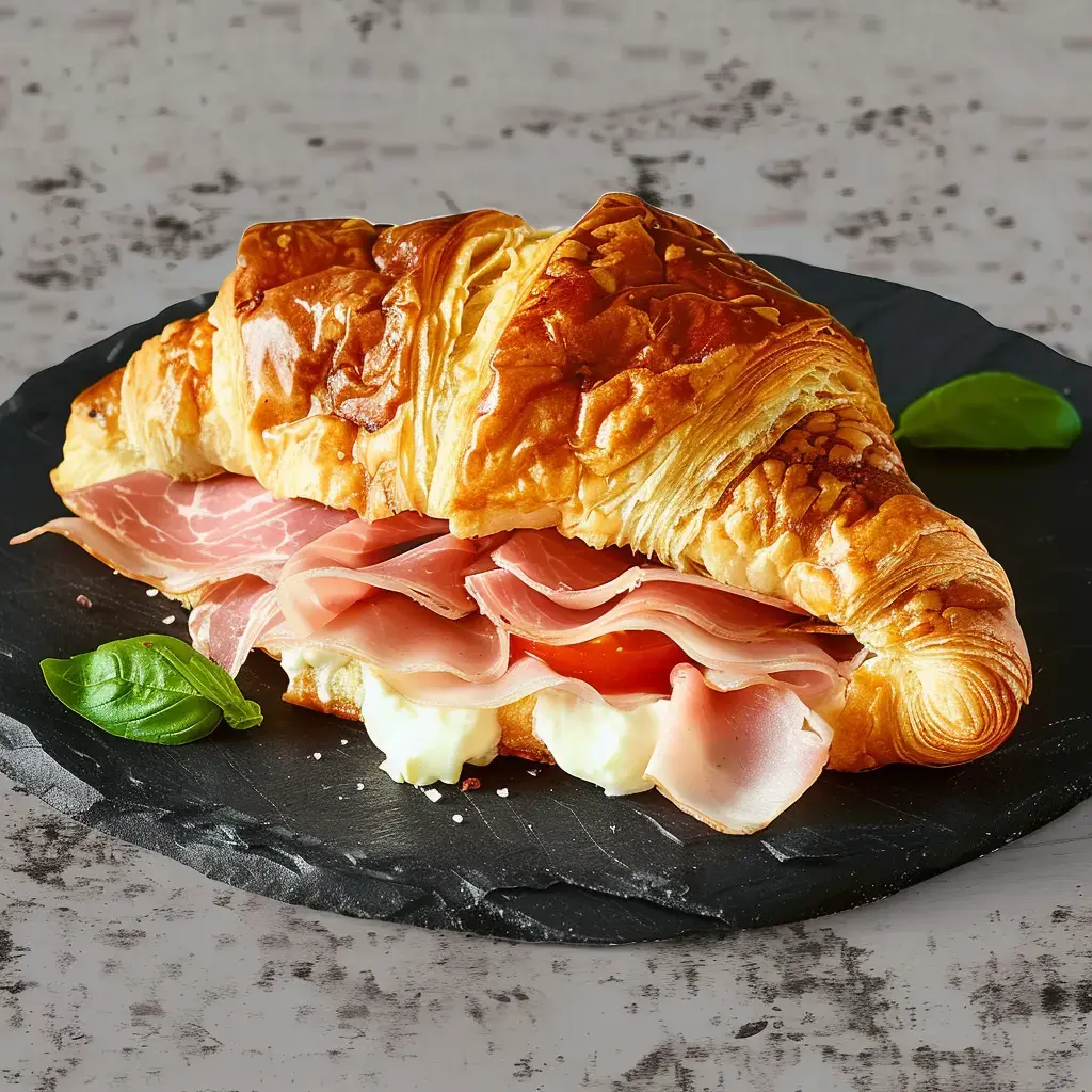 Un croissant garni de jambon, tomate et crème, servi sur une assiette noire.