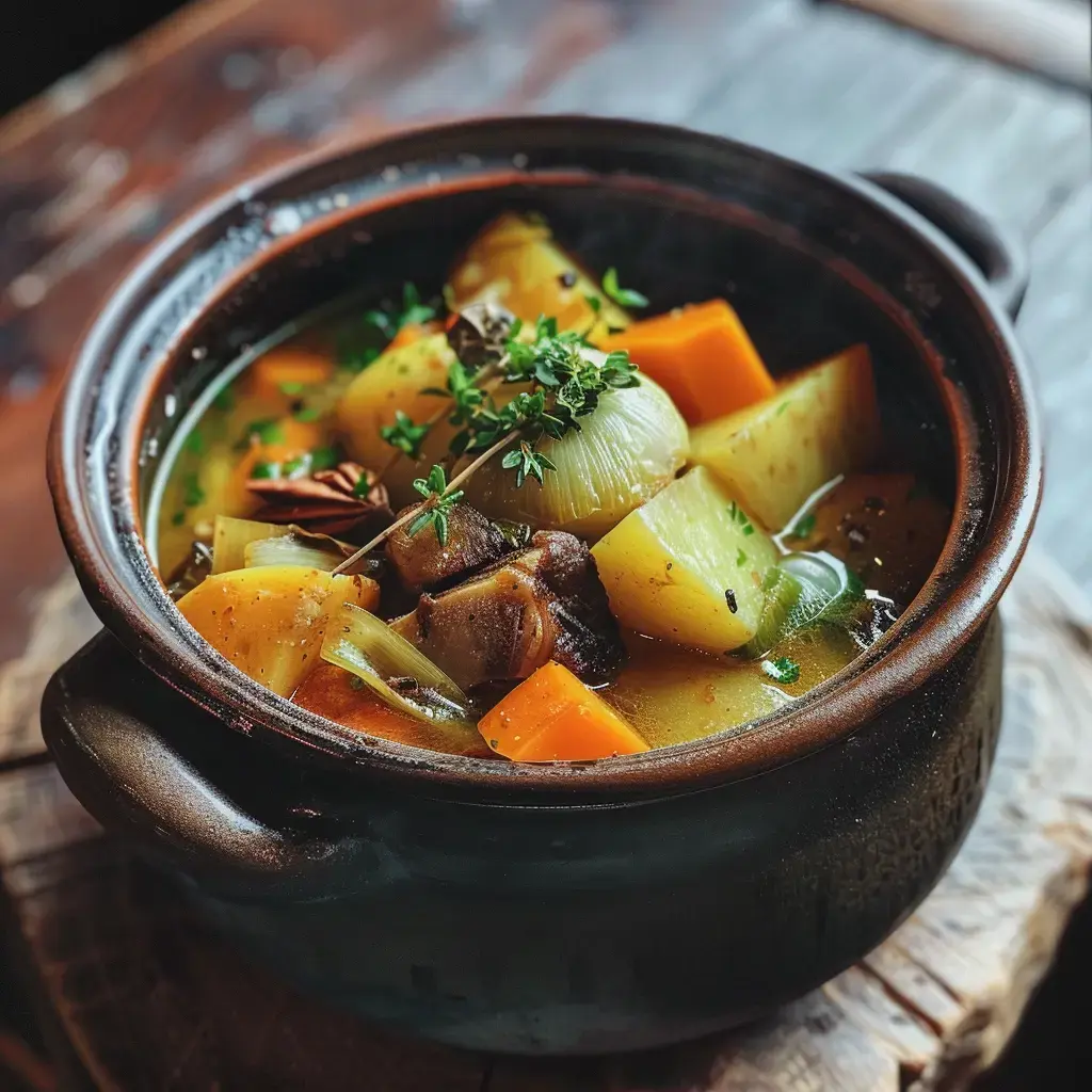 Un pot de soupe fumante contient des légumes coupés en morceaux, de la viande et des herbes, posé sur une table en bois.