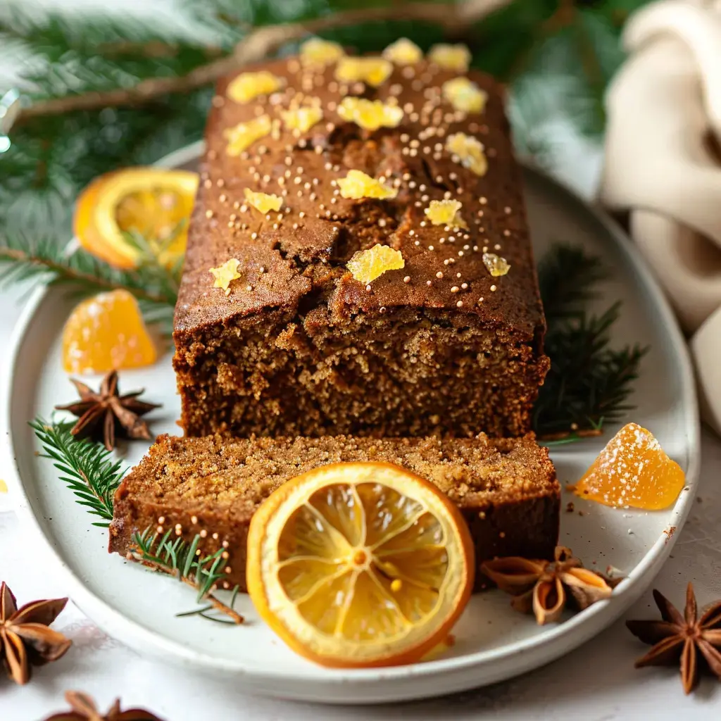 Un pain d'épices décoré de morceaux d'orange et de sucre, servi avec des tranches d'orange et des étoiles de badiane.