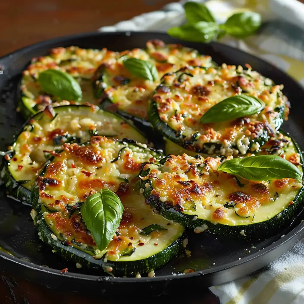 Des rondelles de courgette gratinées, garnies de fromage et de basilic, sont présentées dans un plat sombre.