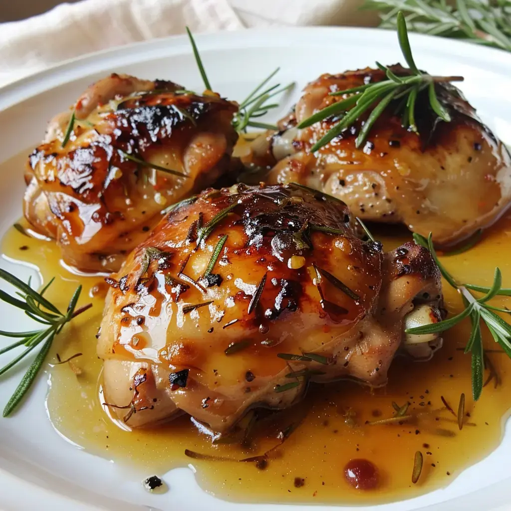 Des cuisses de poulet caramélisées avec des herbes, servies dans une sauce dorée.