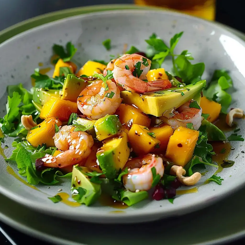 Une salade colorée de crevettes, mangue, avocat et herbes fraîches sur un lit de laitue, le tout agrémenté d'une sauce.