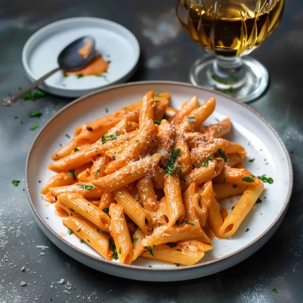 Un plat de pâtes penne en sauce tomate crémeuse, garni de fromage et de persil, accompagné d'un verre de boisson.