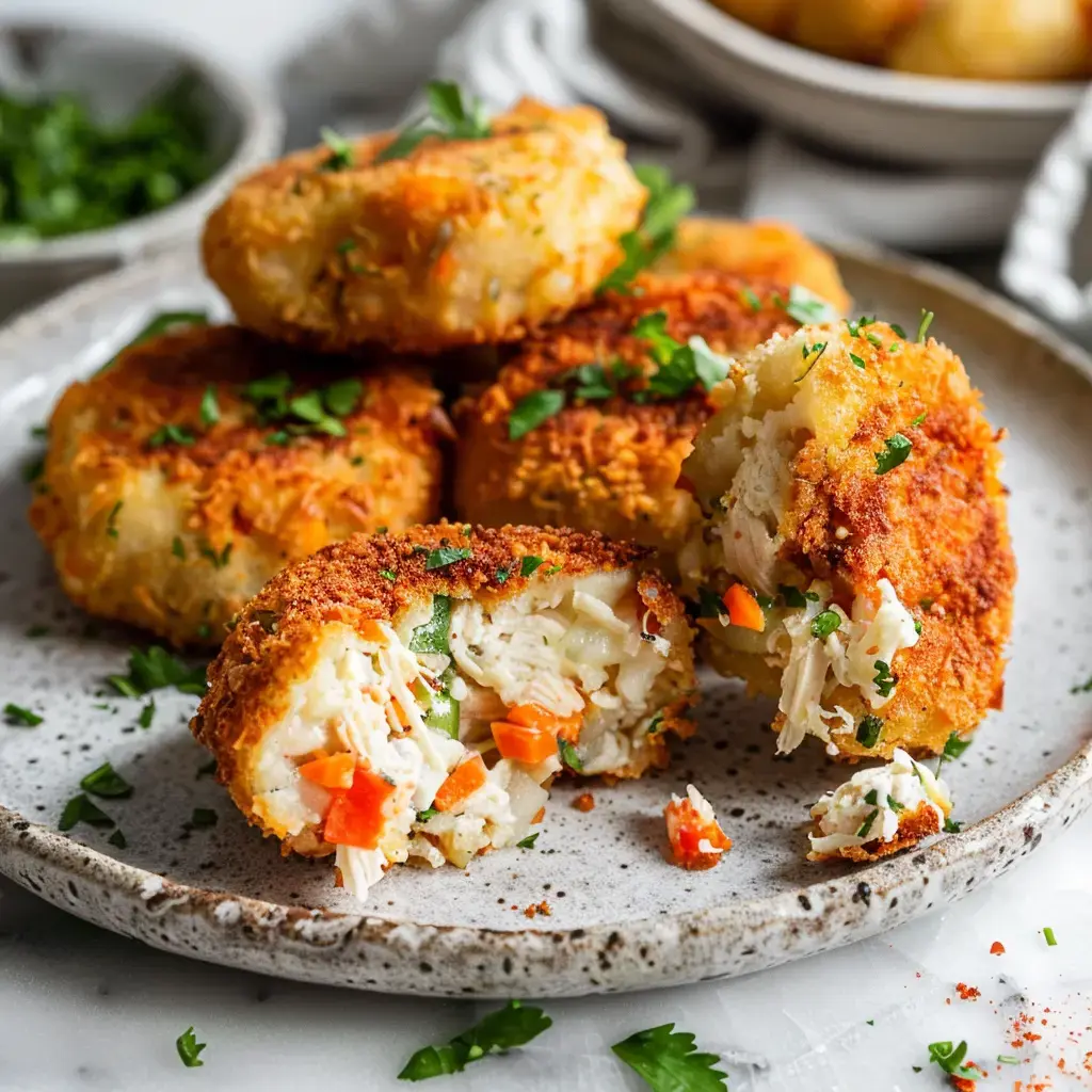 Des croquettes croustillantes garnies de poulet et de légumes, présentées sur une assiette.