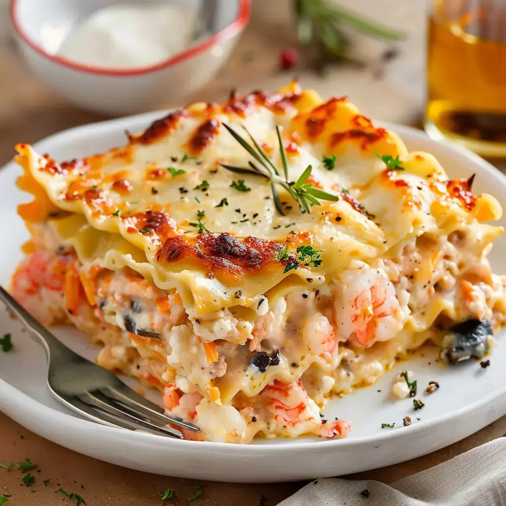 Une assiette de lasagne aux fruits de mer, avec une croûte dorée et garnie de fines herbes.