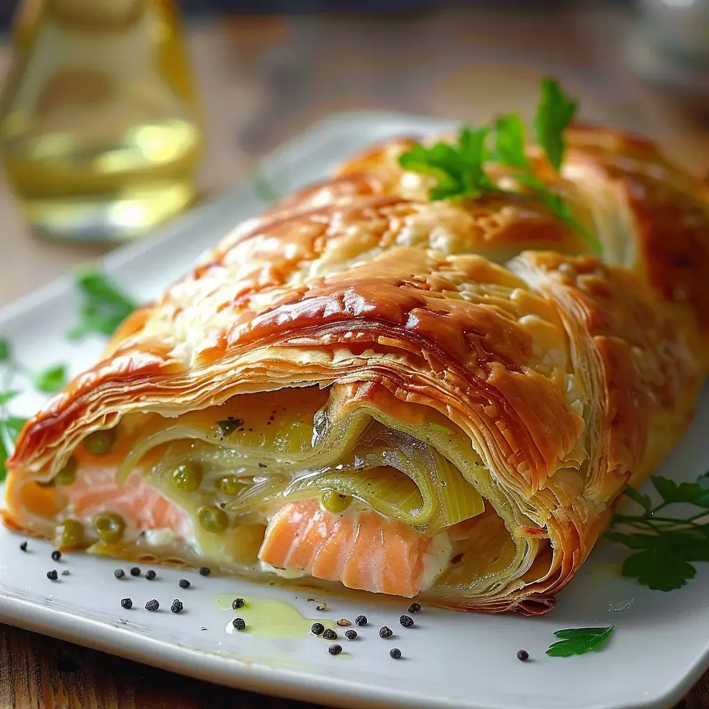 Un feuilleté doré garni de saumon, poireaux et petits pois, servi sur une assiette avec un filet d'huile d'olive.