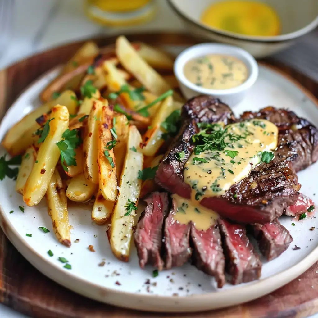 Un plat de steak juteux accompagné de frites croustillantes et d'une sauce crémeuse, garni de coriandre fraîche.